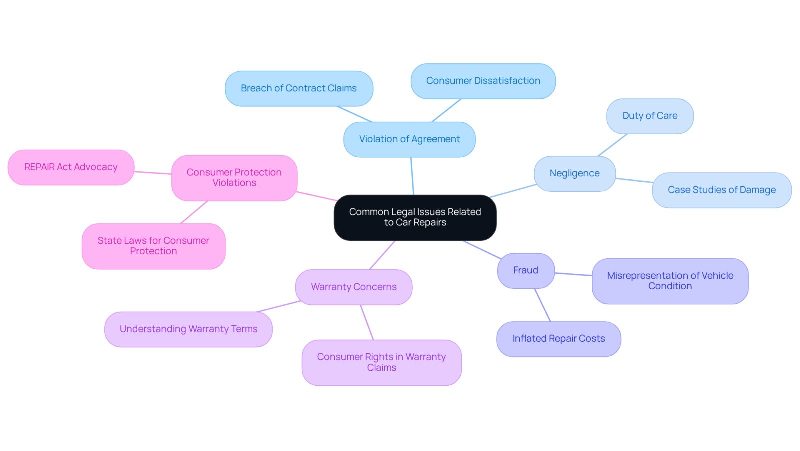 The center represents the main topic, while each branch shows a specific legal issue. Follow the branches to see examples and key points related to each concern.