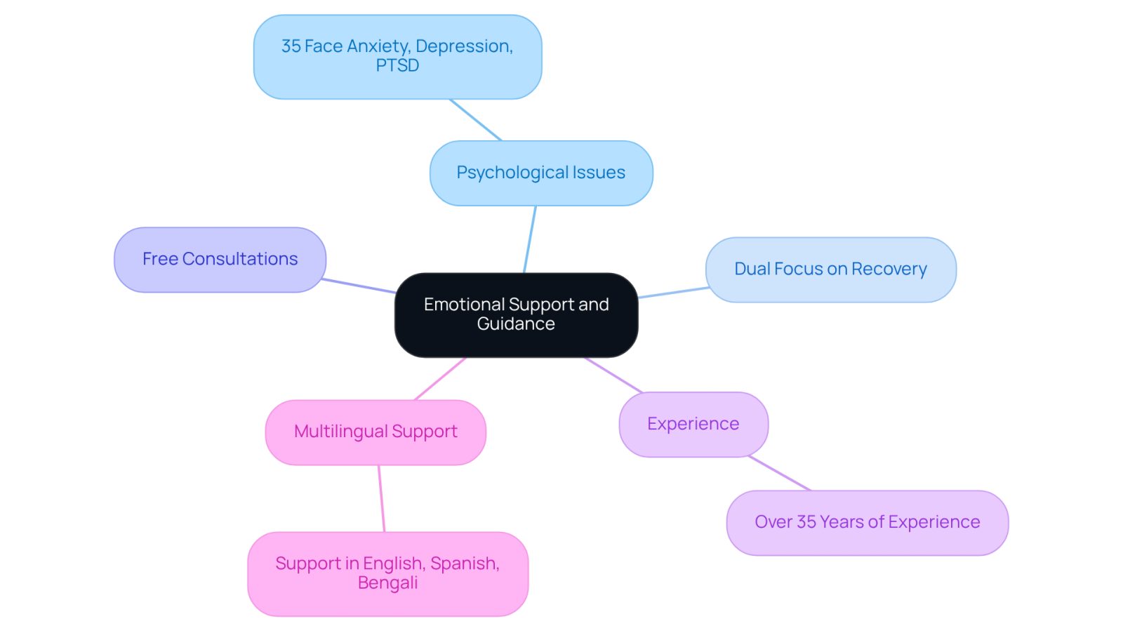 The center represents the main theme of support and guidance. Each branch shows a different aspect of recovery, helping you understand how emotional and legal support work together.