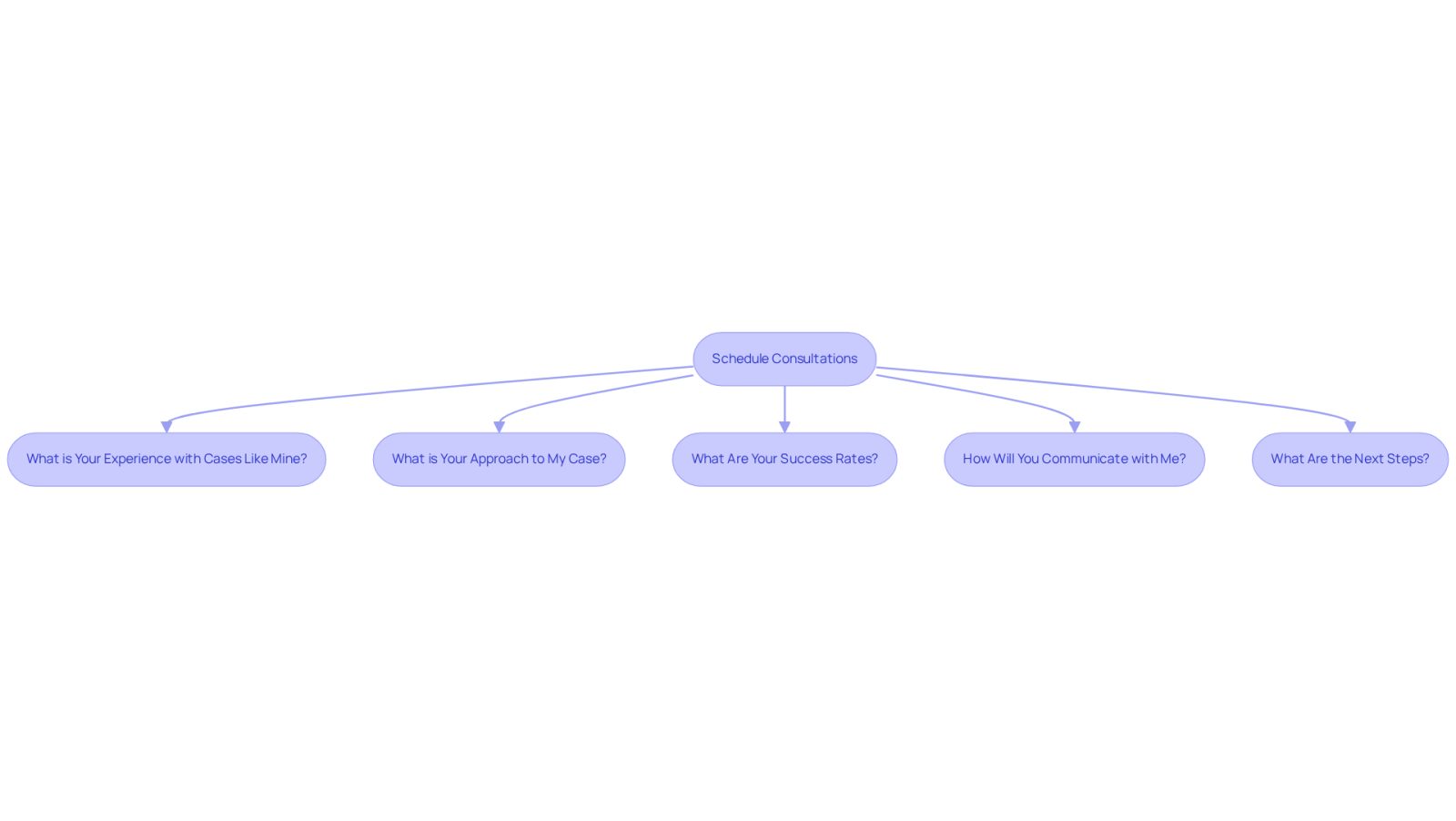 Follow the flow from scheduling consultations to the important questions you should ask. Each box represents a question that can help you assess the attorney's fit for your needs.