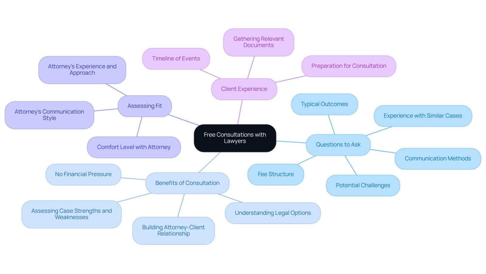 The center represents the main topic of free consultations. Each branch shows important areas to consider, helping you navigate your meeting with clarity and purpose.