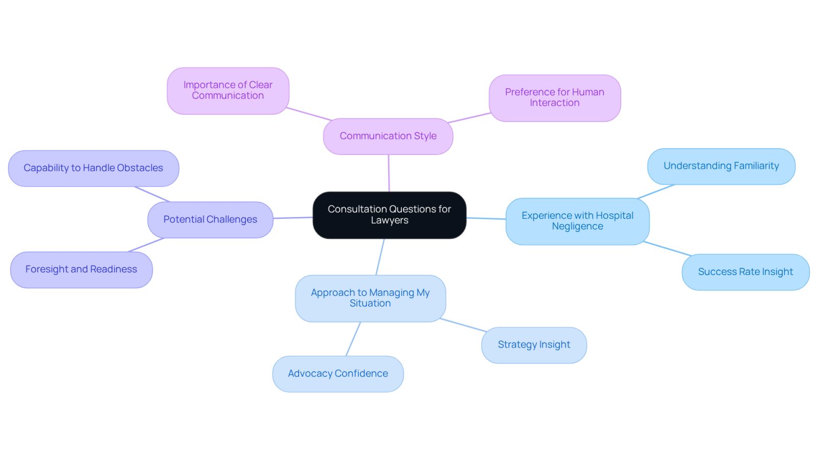 The center represents the main topic of consultation questions, and each branch leads to specific inquiries that help you assess a lawyer's fit for your needs.