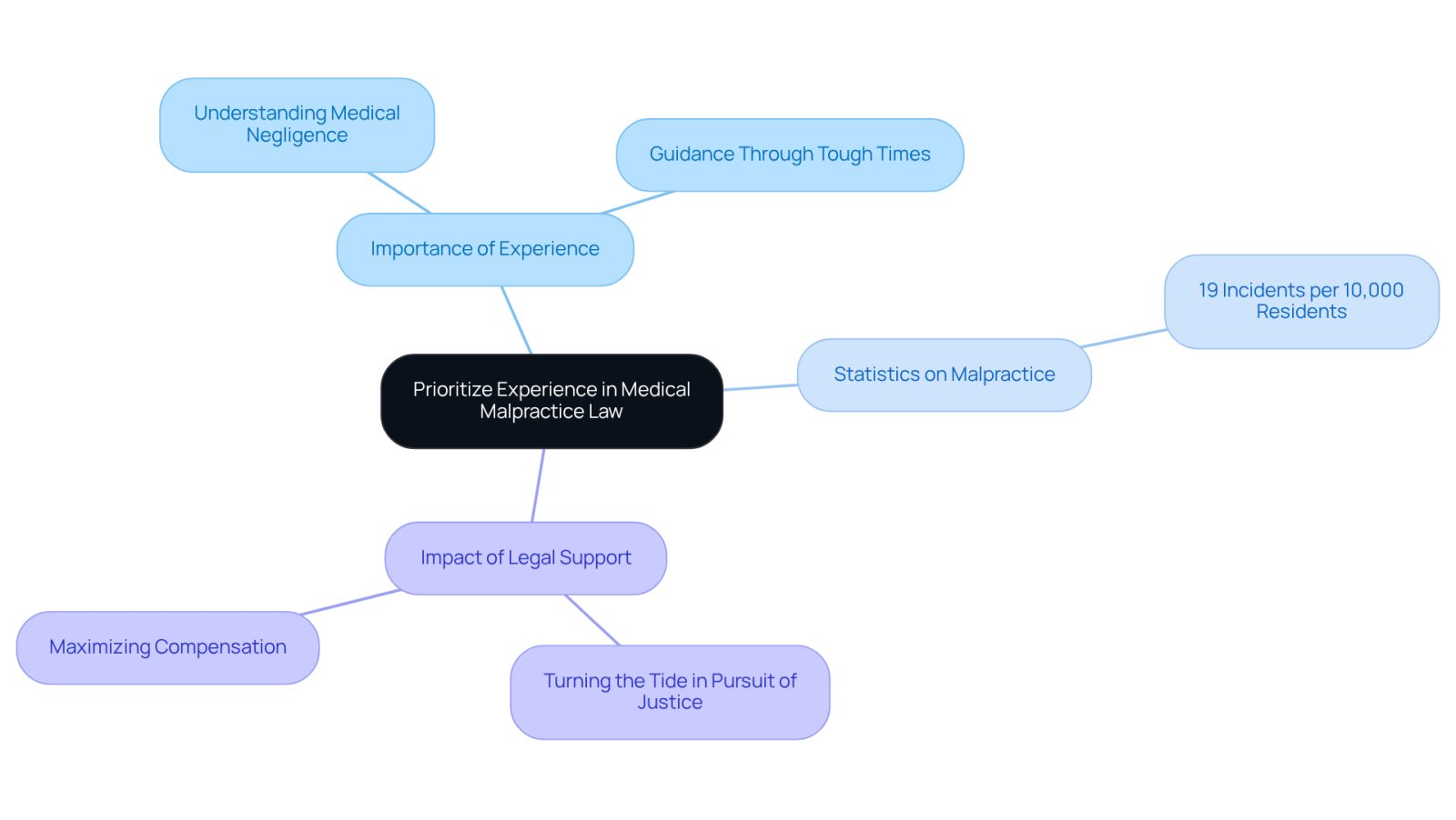 The central node represents the main theme of prioritizing experience in legal support. Each branch explores different aspects: the significance of having experienced lawyers, relevant statistics about malpractice incidents, and how effective legal support can influence outcomes.
