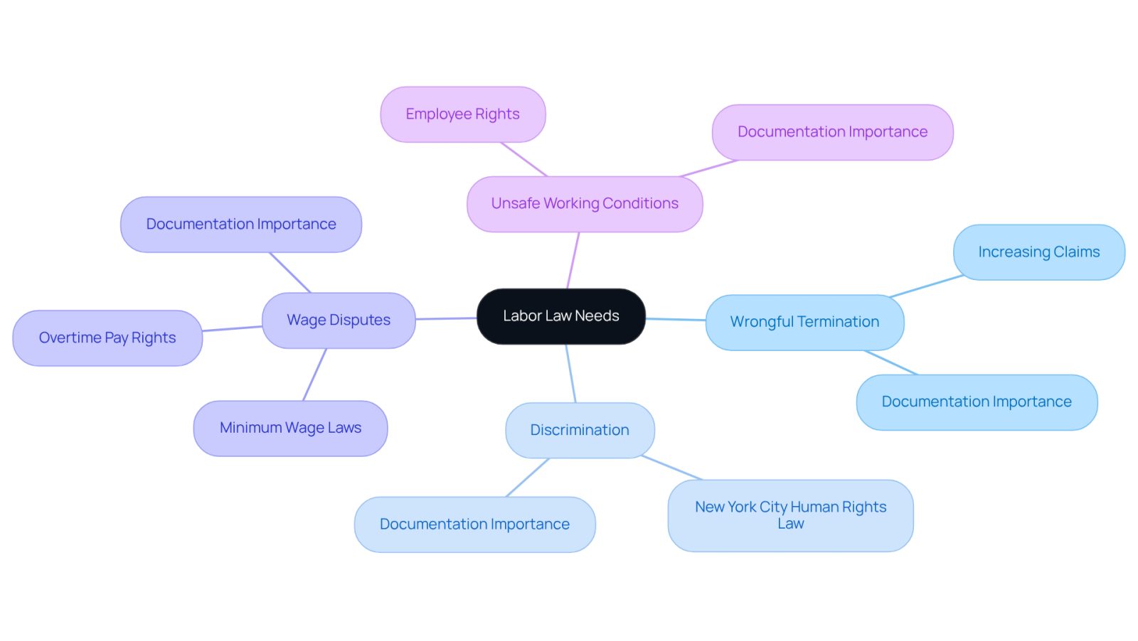 The center represents your overall labor law needs, while the branches show specific issues you might face. Each sub-branch provides more detail on what to consider for that issue.