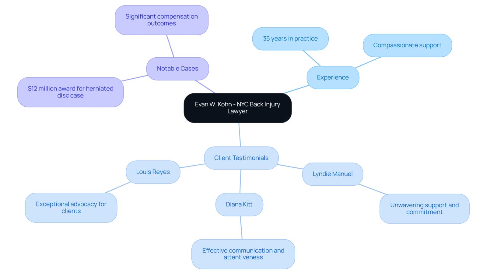 The central node represents the lawyer, with branches showing his experience, what clients say about him, and significant case outcomes. Each branch highlights different aspects of his practice, making it easy to understand his strengths and client satisfaction.