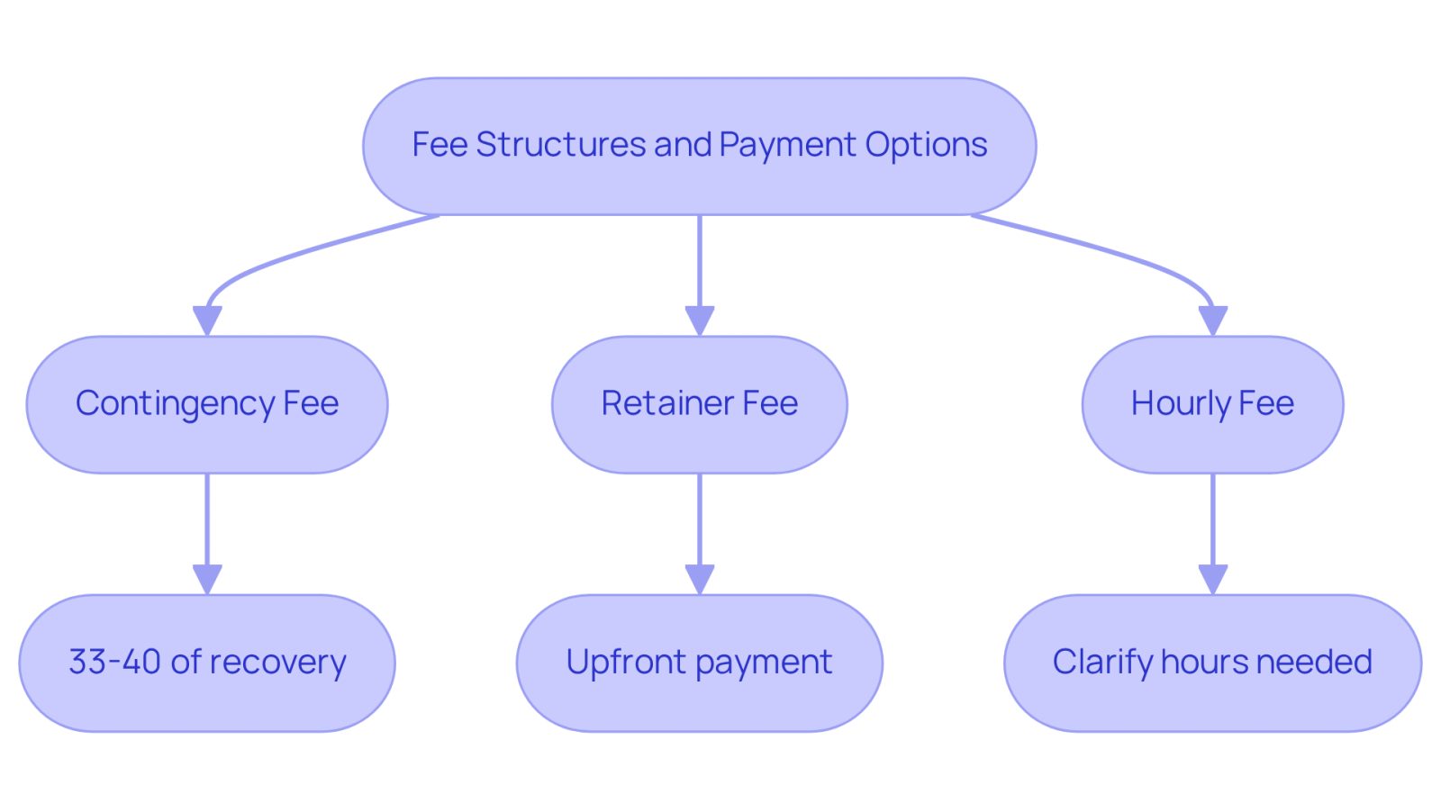 This flowchart helps you navigate the different payment options when hiring a lawyer. Each path shows a type of fee and important details to consider, making it easier to understand your financial commitments.
