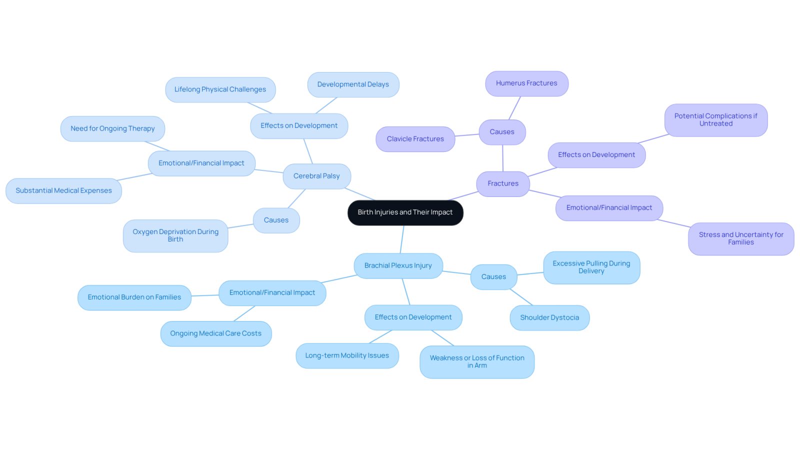 The central node represents the overall topic of birth injuries. Each branch shows a specific type of injury, with further details on causes and effects. This helps visualize how different injuries relate to the challenges families face.