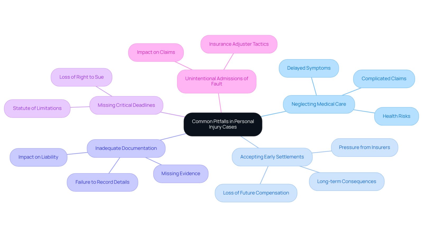 The center represents the main topic of pitfalls in personal injury cases. Each branch shows a specific mistake, and the sub-branches provide more details about the consequences or related issues. Follow the branches to understand how each mistake can impact a case.