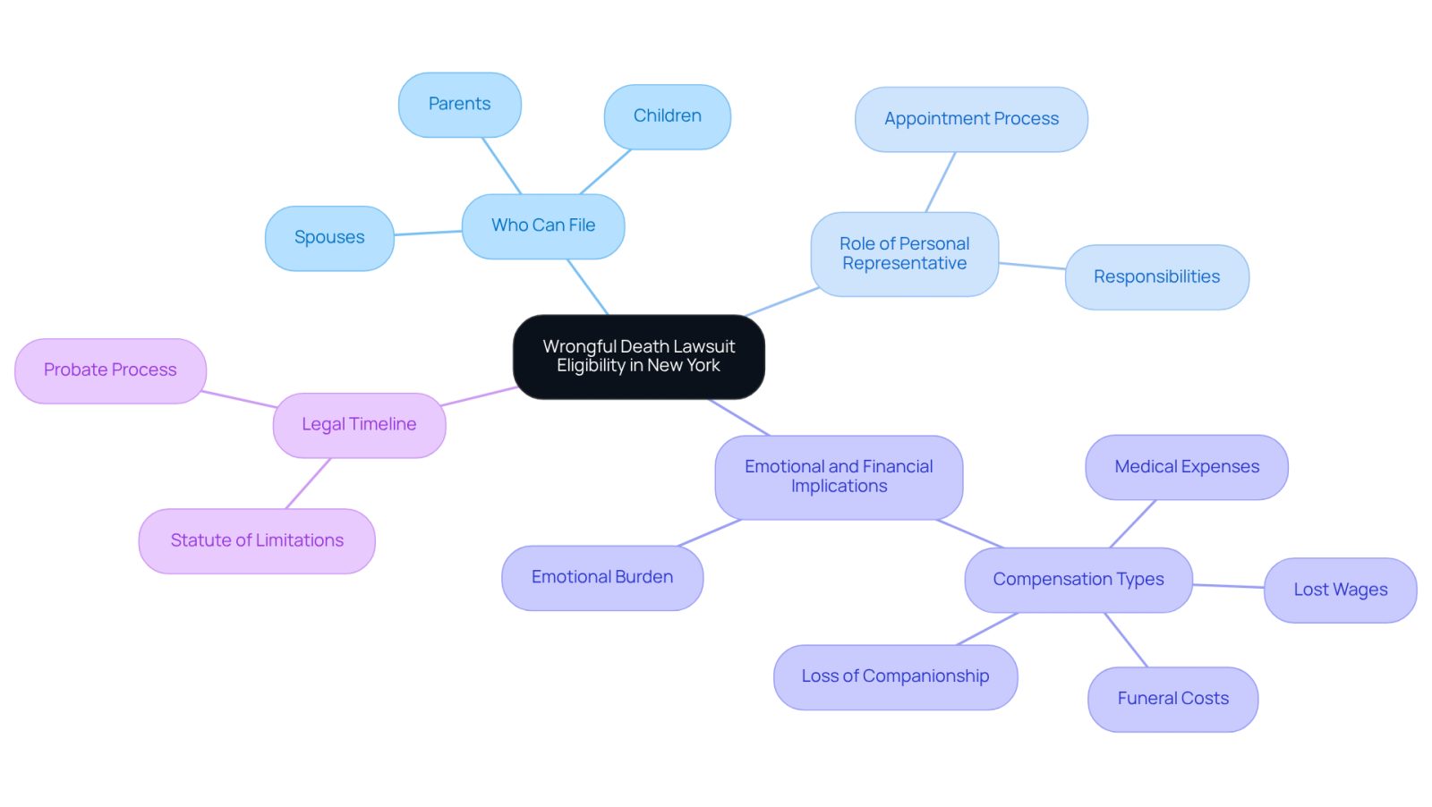 The central node represents the main topic, while branches show who can file, the role of the personal representative, and the emotional and financial aspects. Each branch connects to specific details, helping you see how everything relates.