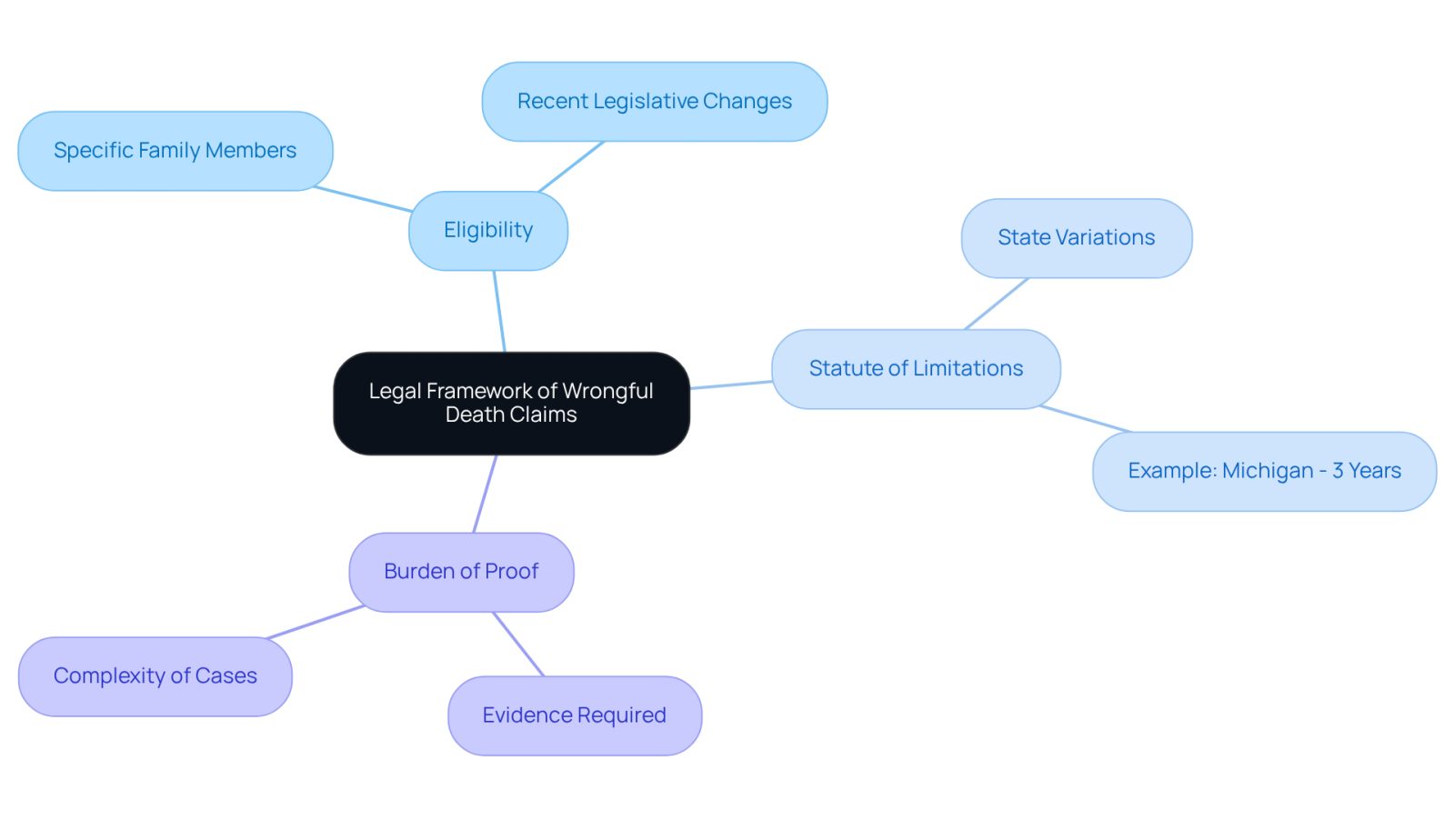 This mindmap starts with the central theme of wrongful death claims and branches out into key areas that families need to understand. Each branch represents a crucial aspect of the legal process, helping you see how they connect and what you need to know.