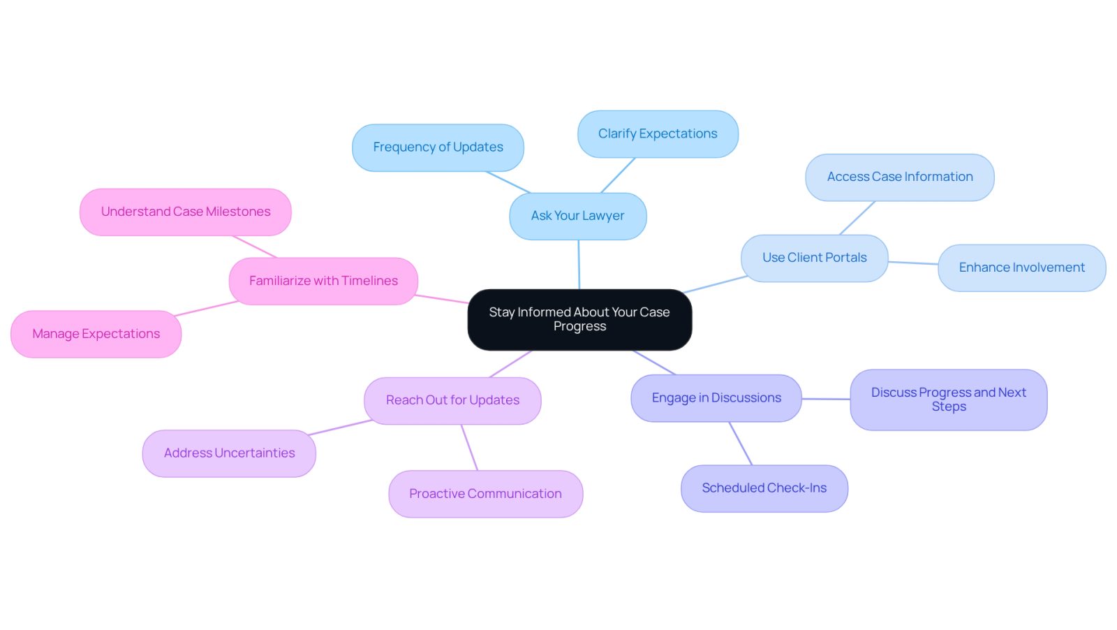 This mindmap shows how to stay updated on your legal case. Start at the center with the main idea, then follow the branches to explore different strategies. Each branch contains tips to help you engage with your lawyer and understand your case better.