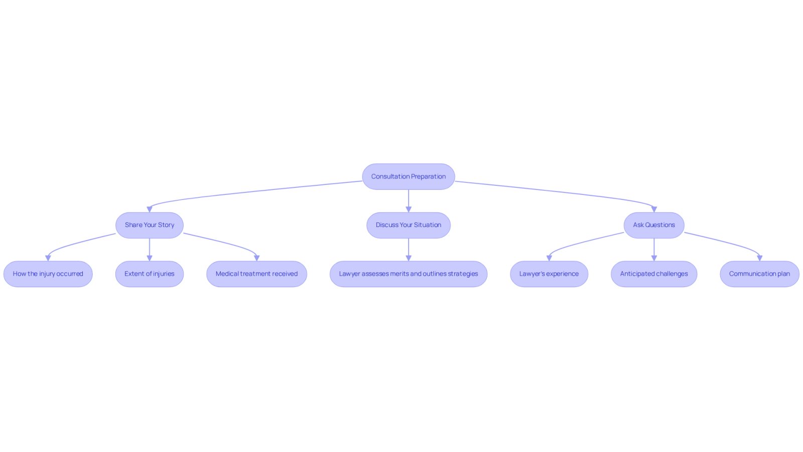 This flowchart guides you through the steps of your consultation. Start by preparing your story and documents, then move on to discussing your situation with the lawyer, and finally, don't forget to ask important questions. Each step is designed to help you make the most of your time and ensure you understand the process.