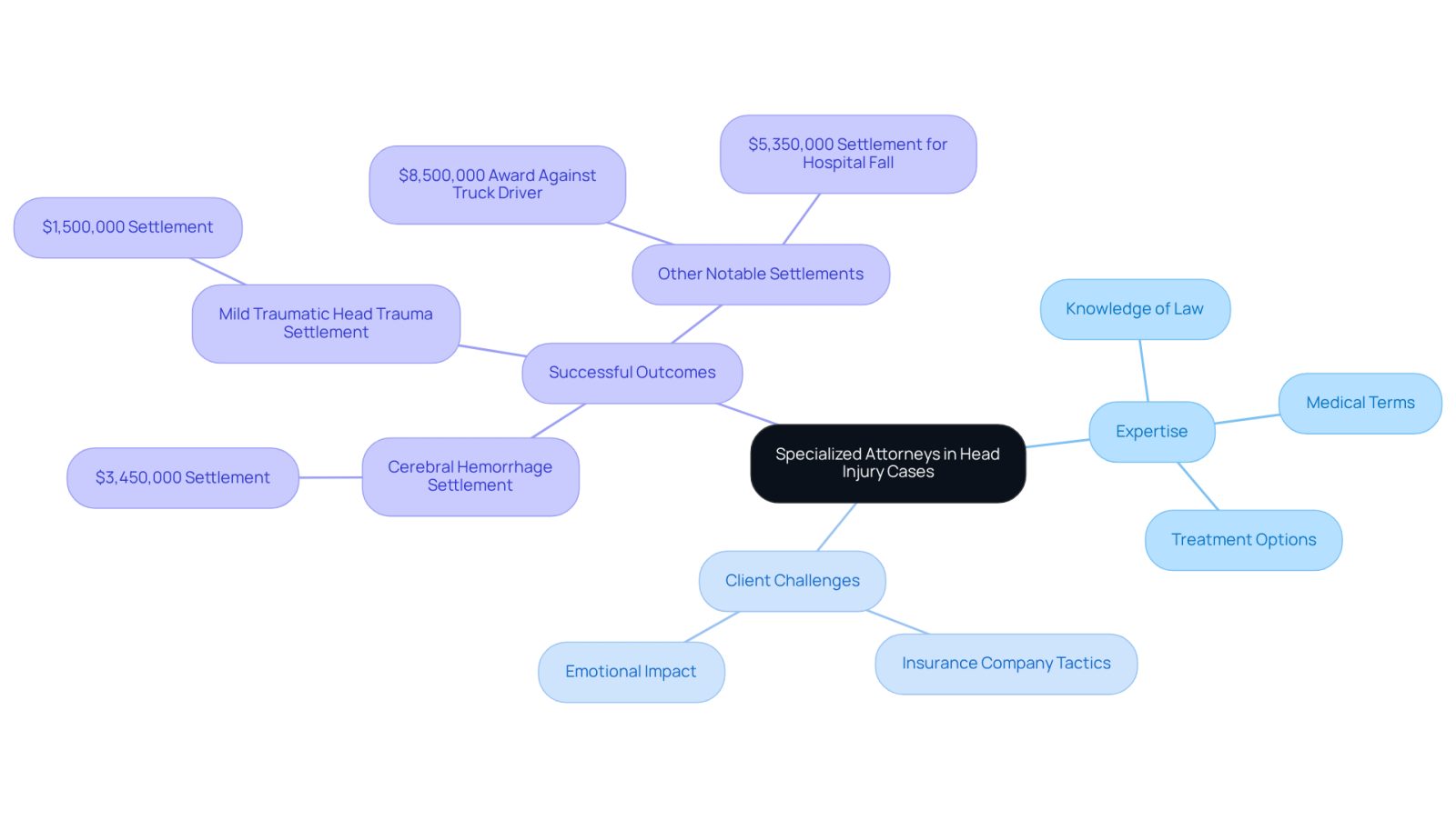 This mindmap illustrates how specialized attorneys help clients navigate head injury cases. Start at the center with their expertise, then explore the challenges clients face and the successful outcomes achieved through their advocacy.