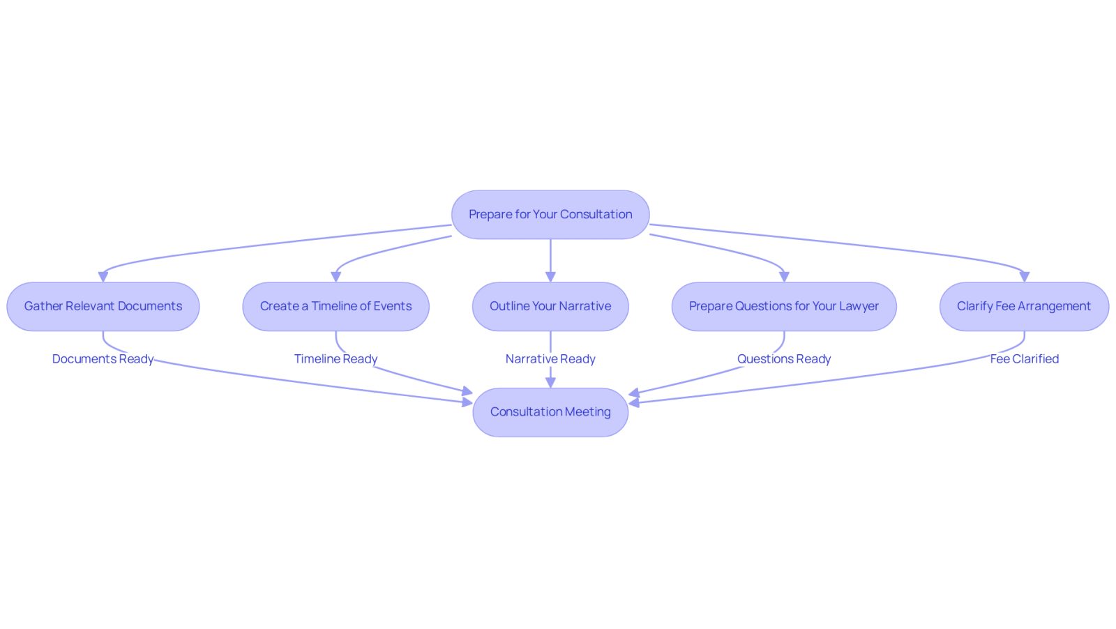 This flowchart guides you through the preparation process for your consultation. Each box represents a step you should take, and the arrows show the order in which to complete them. Following these steps will help you feel more organized and empowered during your meeting.
