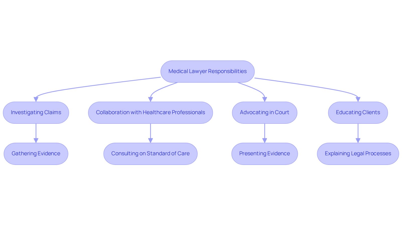 This flowchart shows the key responsibilities of a medical lawyer. Each box represents a major task they perform, and the arrows indicate how these tasks are connected in the process of advocating for clients.