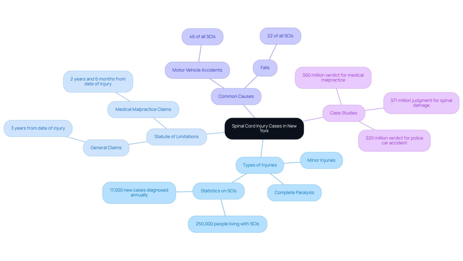 This mindmap helps you navigate the complexities of spinal cord injury cases. Start at the center with the main topic, then explore each branch to learn about types of injuries, legal timeframes, common causes, and significant case studies. Each branch provides a deeper understanding of how these elements connect and impact victims.