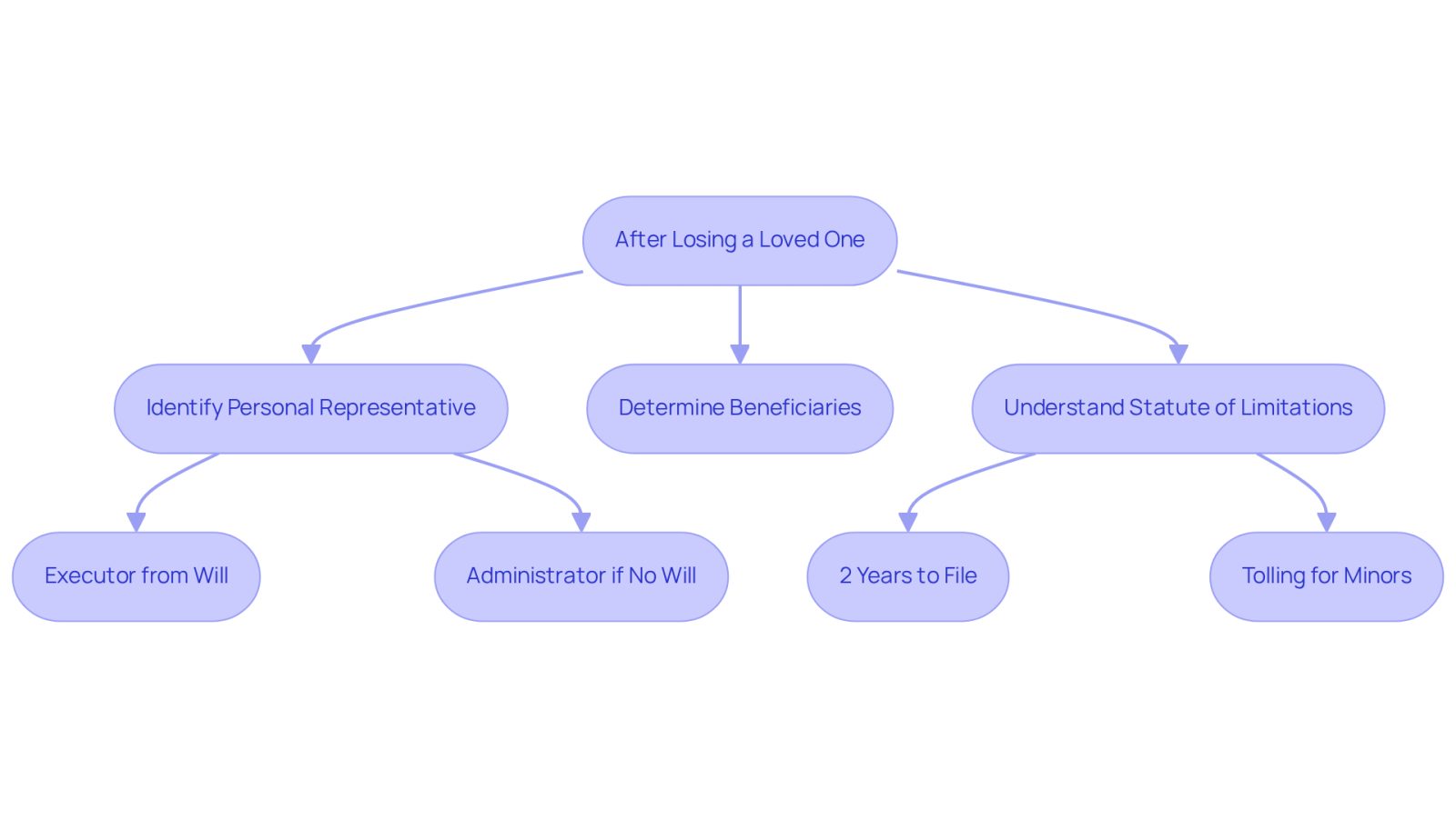 This flowchart guides you through the steps to take after losing a loved one. Start at the top and follow the arrows to see who can file a lawsuit, what roles they play, and the important timelines to keep in mind.