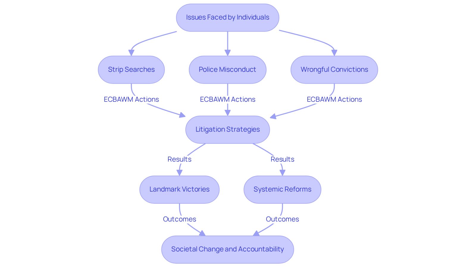 This flowchart illustrates the journey from the issues faced by individuals to the actions taken by ECBAWM and the resulting societal changes. Each box represents a key component of the process, showing how the firm addresses injustices and drives accountability.
