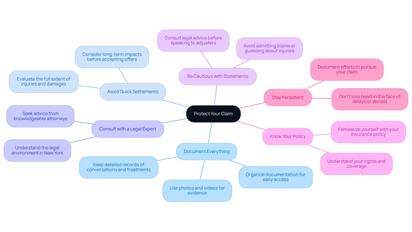The central idea is about protecting your claim, and each branch represents a different strategy you can use. Follow the branches to see specific actions you can take under each strategy to strengthen your position.