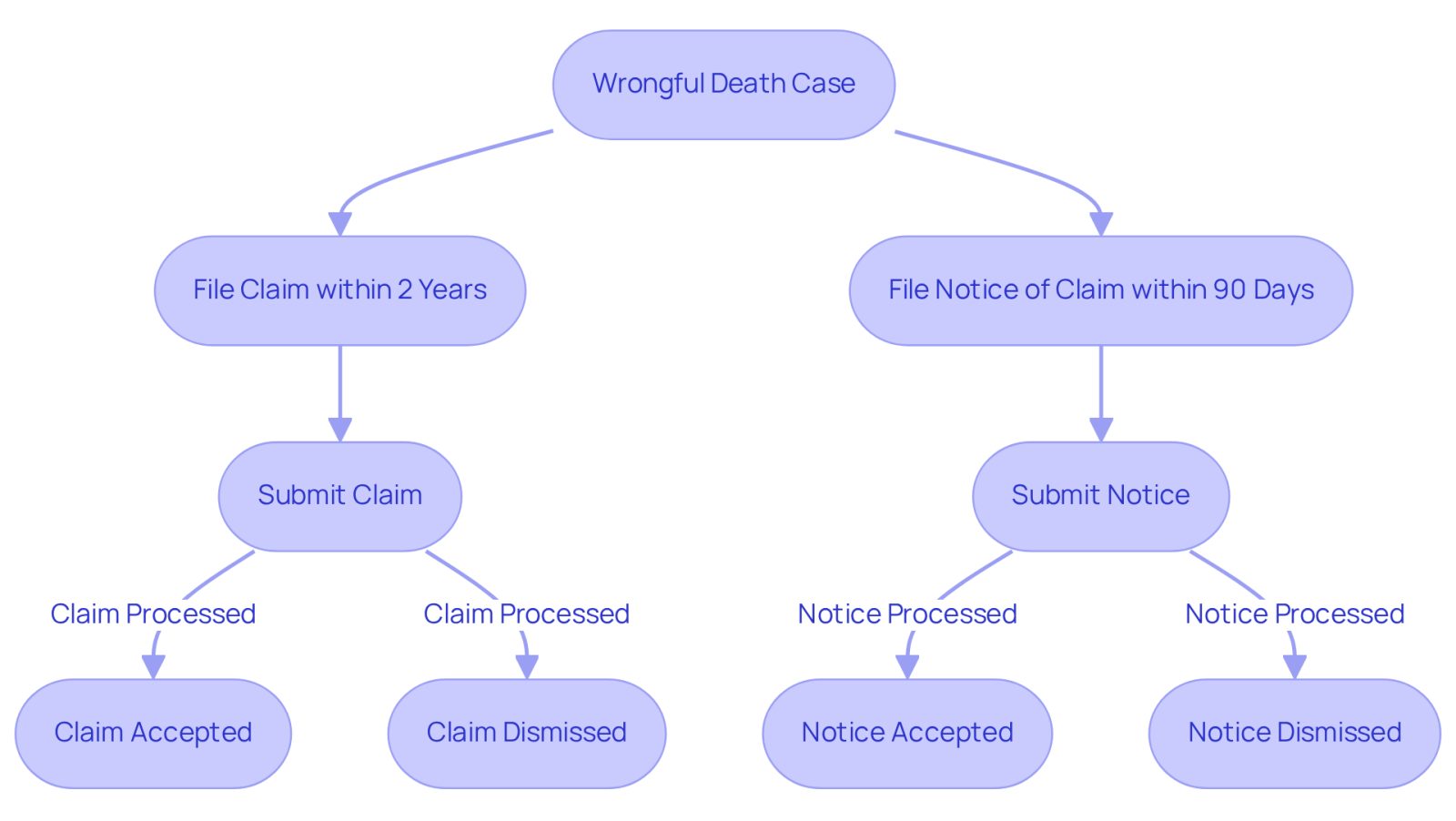 This flowchart shows the steps families need to take after a wrongful death. Follow the arrows to see what happens if you file on time versus if you miss the deadlines. Each box represents an important action or decision point.