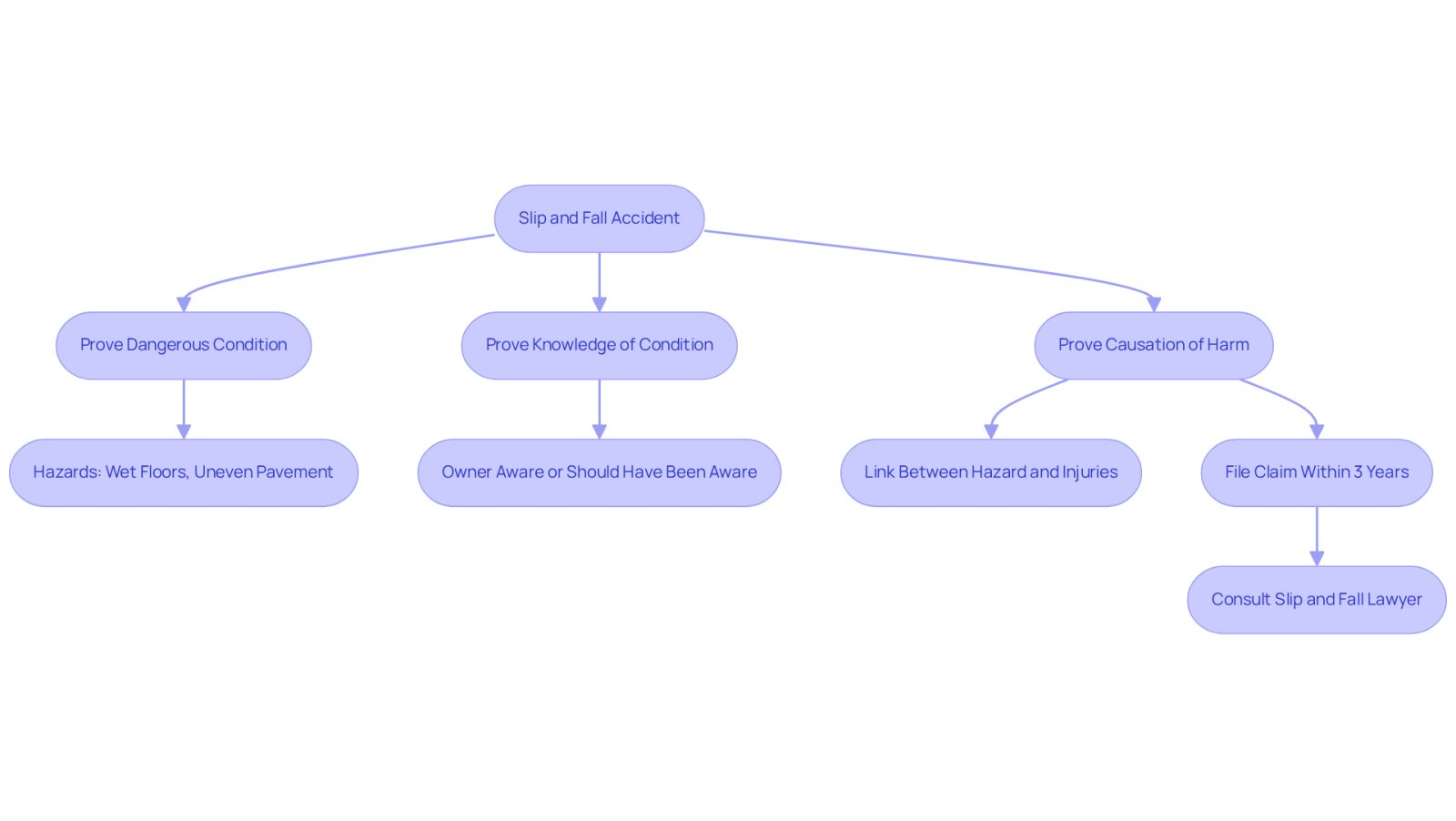This flowchart guides you through the essential steps to take after a slip and fall accident. Start at the top with the accident, then follow the arrows to see what you need to prove to build your case. Each box represents a key element you must establish to seek justice for your injuries.