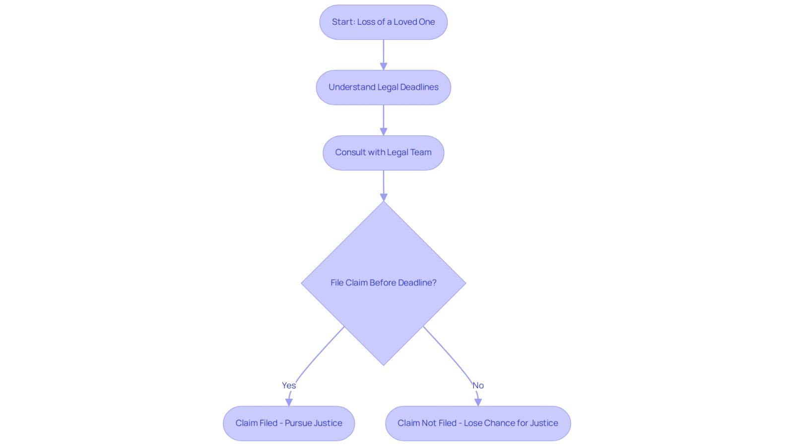 This flowchart guides families through the necessary steps to take after losing a loved one. Follow the arrows to see what actions can lead to pursuing justice and what happens if deadlines are missed.