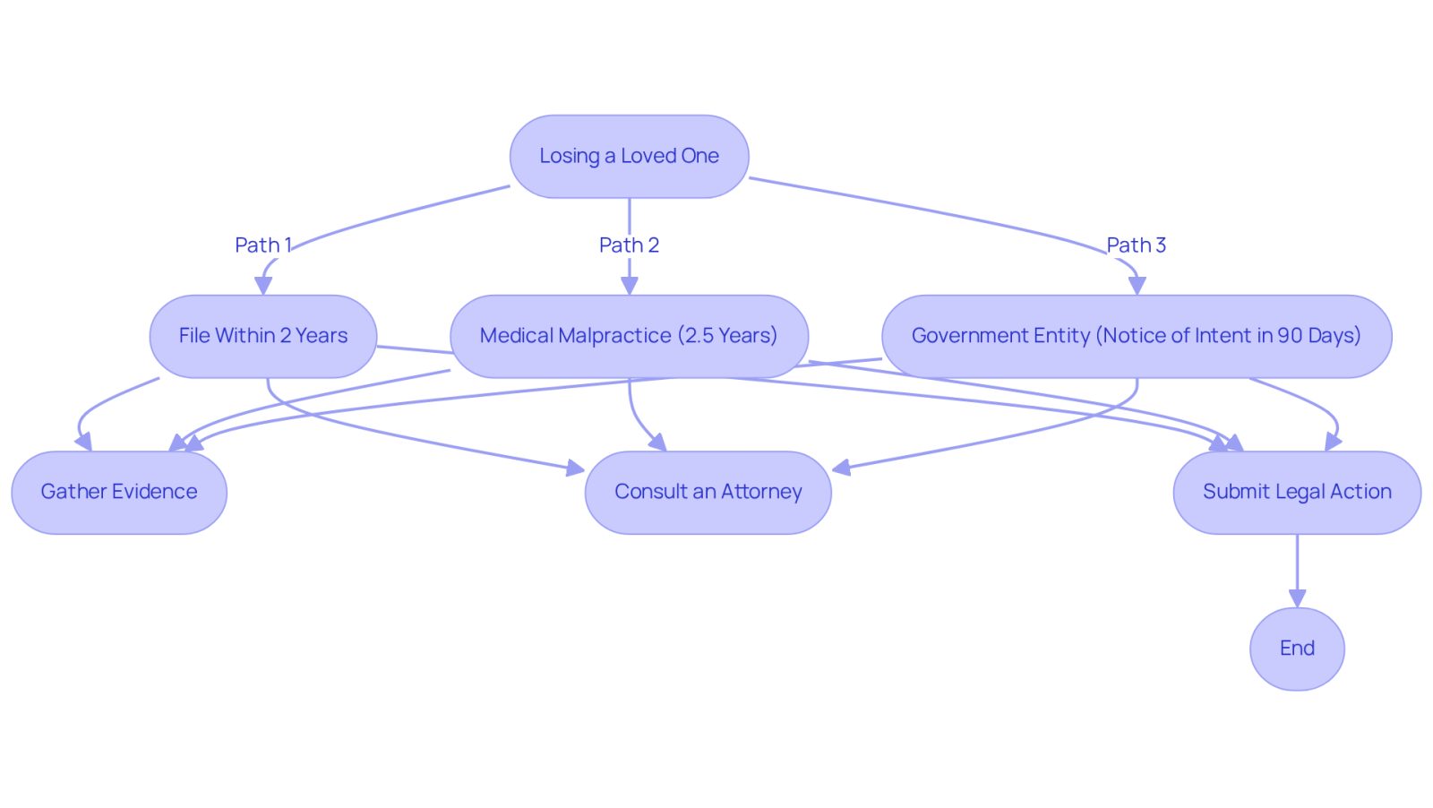 This flowchart guides you through the necessary steps and deadlines after losing a loved one. Follow the arrows to understand what actions to take and when, ensuring you don't miss critical opportunities for justice.