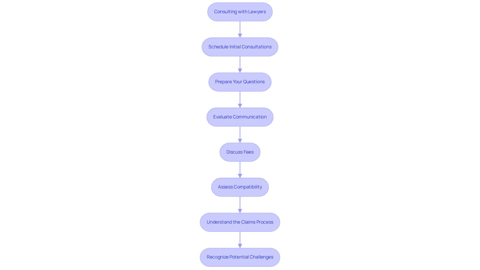 This flowchart guides you through the process of consulting with a lawyer. Each box represents a step you should take, from scheduling your first meeting to understanding potential challenges. Follow the arrows to see the order of steps and ensure you cover everything important.