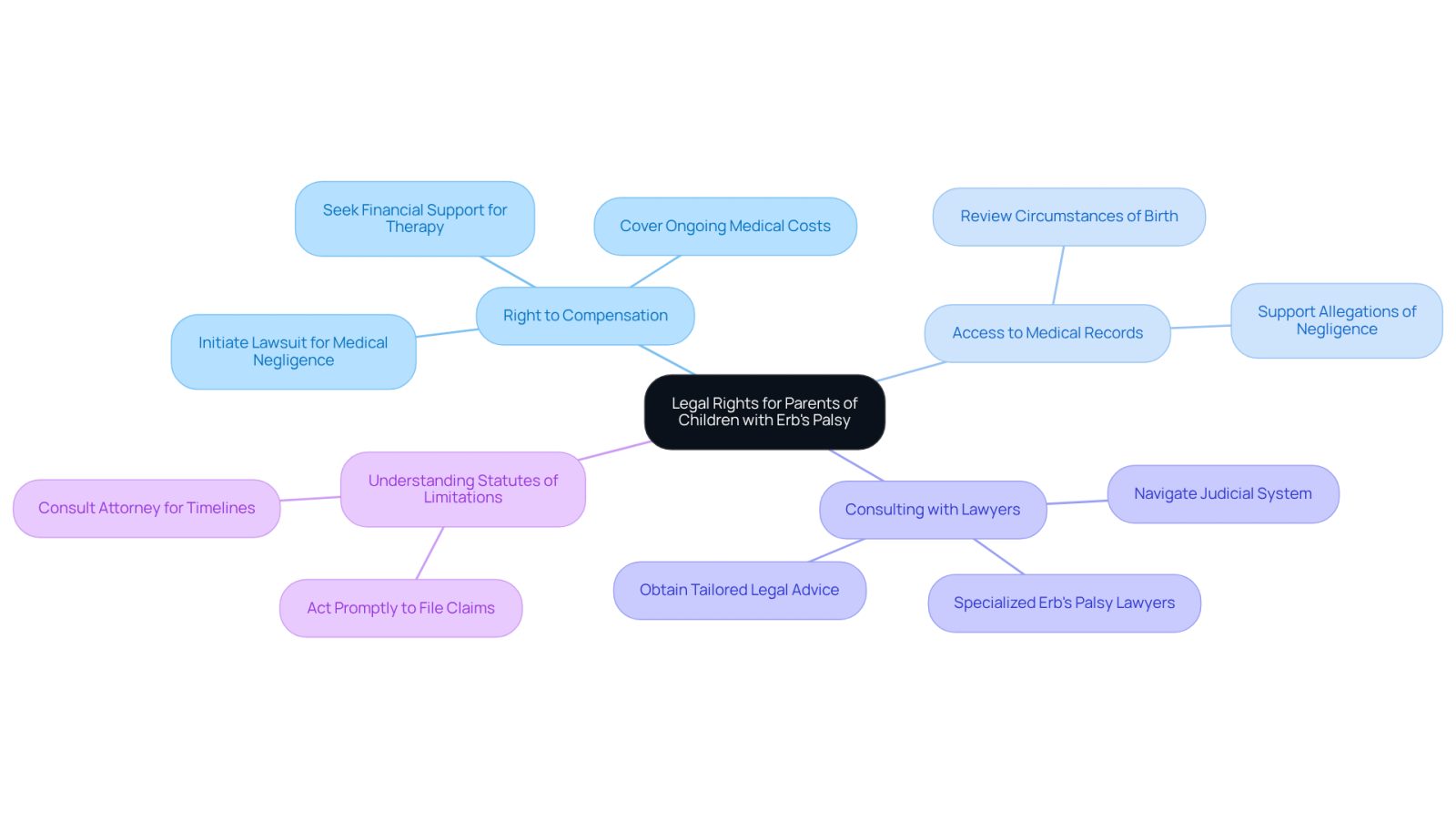 This mindmap starts with the main topic in the center and branches out to show different legal rights parents have. Each branch represents a right, and the sub-branches provide more details on what actions parents can take related to that right.