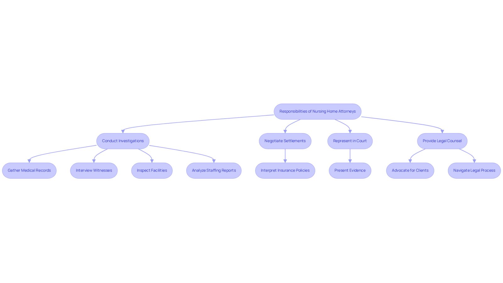 This flowchart outlines the main duties of nursing home attorneys. Each box represents a key responsibility, and the arrows show how these tasks connect to support victims of mistreatment and neglect.