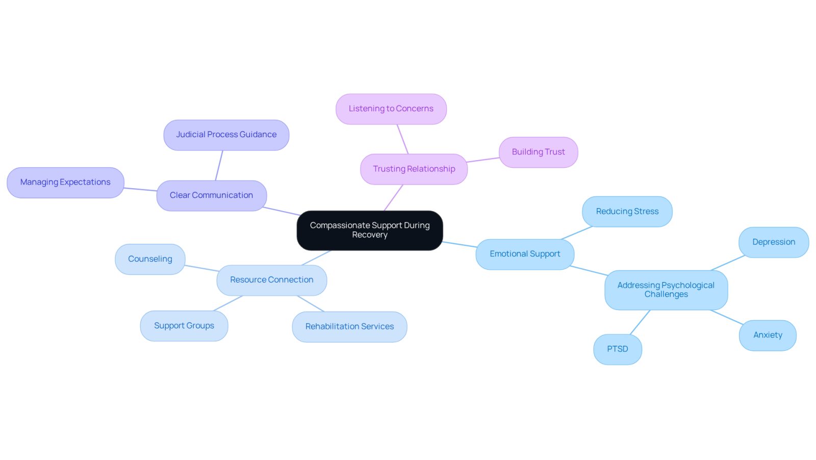 This mindmap illustrates how compassionate legal support encompasses various aspects of recovery. Each branch represents a different area of support, showing how they all connect back to the central theme of helping clients navigate their recovery journey.