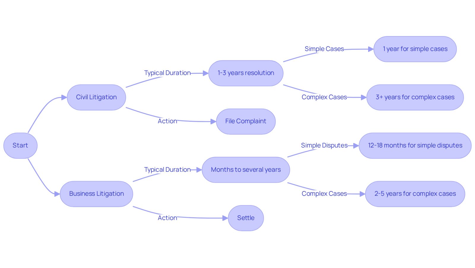 This flowchart shows how long different types of litigation can take. Follow the arrows to see the timelines for civil cases on one side and business cases on the other. Each step highlights how long you might expect to wait for resolution, depending on the complexity of the case.