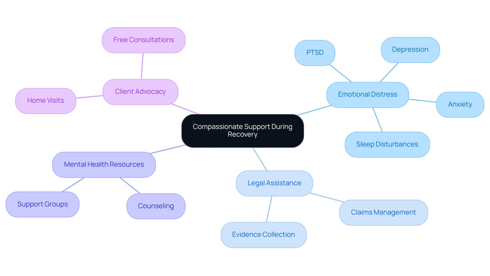 This mindmap illustrates how compassionate support is structured during recovery. Start at the center with the main theme, then follow the branches to explore emotional challenges, legal help, mental health resources, and advocacy efforts that aid in the healing process.