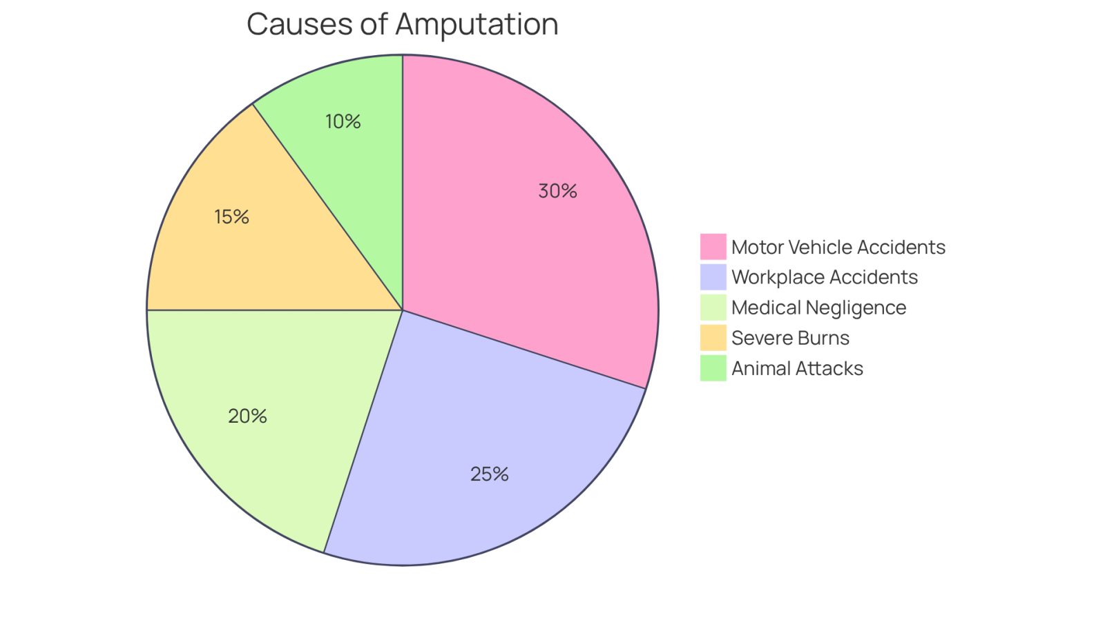 Each slice of the pie shows a different cause of amputation injuries. The size of each slice indicates how significant that cause is compared to the others - larger slices mean more common causes.