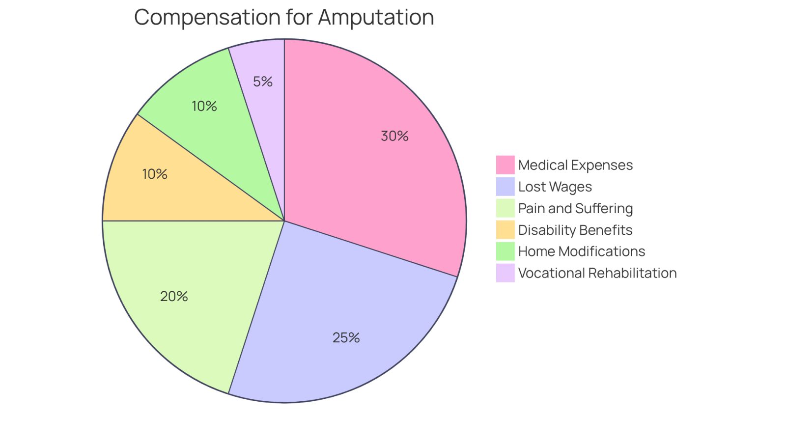 Each slice of the pie shows a different type of financial support available to those who have suffered limb loss. The size of each slice indicates the importance or potential cost associated with that type of compensation, helping you see how they contribute to overall recovery.