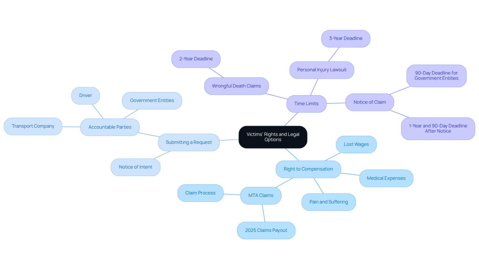 This mindmap starts with the main topic in the center and branches out to show different rights and legal processes available to victims of public transport accidents. Each branch represents a key area of focus, helping you understand your options and the steps you need to take.