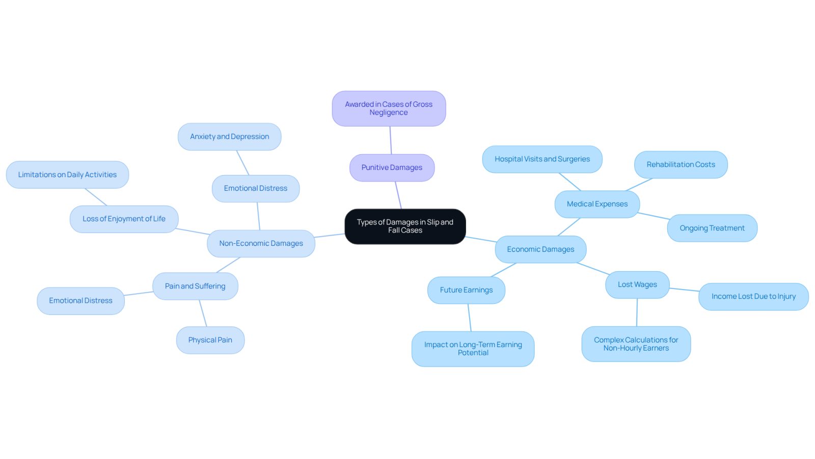This mindmap shows the different types of damages you can claim after a slip and fall accident. The central idea is the types of damages, and from there, you can see how they break down into economic, non-economic, and punitive damages. Each branch gives examples of what you can claim, helping you understand your rights and options.